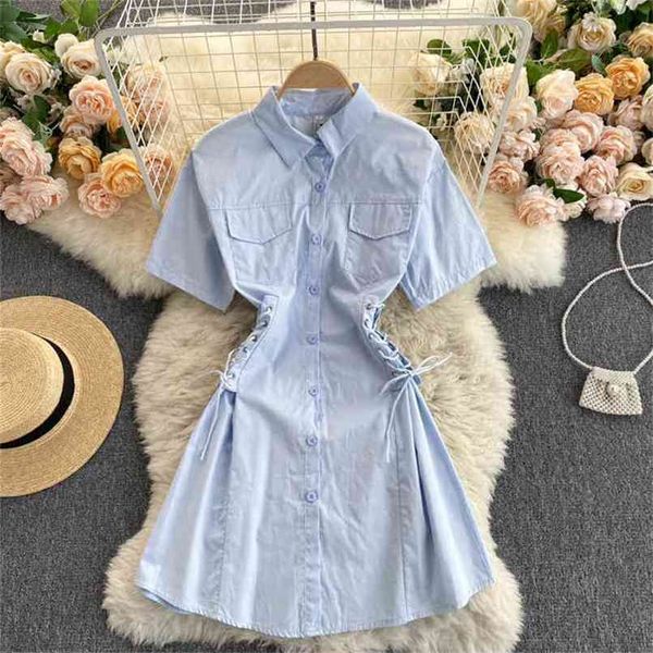women's shirt dress summer short sleeve turn-down collar lace-up bandage slim mini single breasted casual female es 210603, Black;gray 
women's shirt dress summer short sleeve turn-down collar lace-up bandage slim mini single breasted casual female es 210603, Black;gray