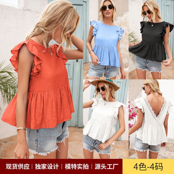 2021 summer new t-shirt women's ruffle sleeve lace exposed back round neck short sleeve top, White
2021 summer new t-shirt women's ruffle sleeve lace exposed back round neck short sleeve top, White