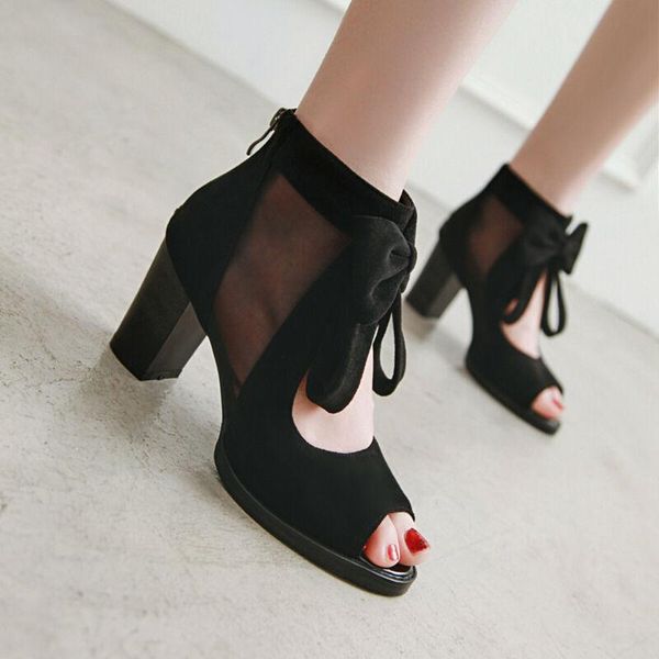 high block heels summer women's sandals ankle boots mesh bow tie shoes peeptoe, Black
high block heels summer women's sandals ankle boots mesh bow tie shoes peeptoe, Black