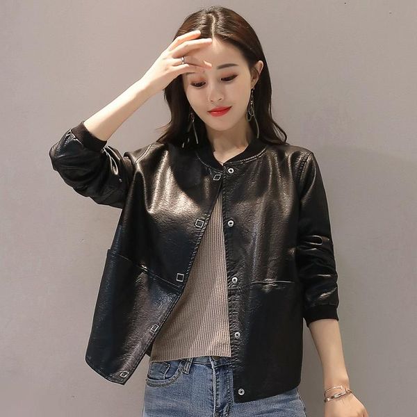 women's leather & faux short spring and autumn korean-style loose plus-sized stand collar cropped jacket, Black
women's leather & faux short spring and autumn korean-style loose plus-sized stand collar cropped jacket, Black