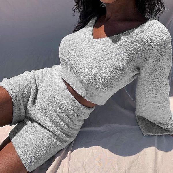 women's tracksuits fluffy v-neck + shorts two-piece set women long flare sleeve pullover 2021 autumn pure color warm comfortable home, Gray
women's tracksuits fluffy v-neck + shorts two-piece set women long flare sleeve pullover 2021 autumn pure color warm comfortable home, Gray