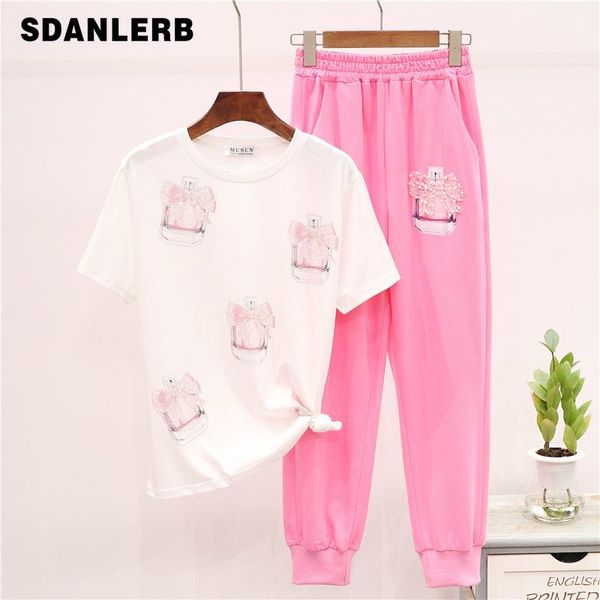 tracksuit women fashion rhinestones perfume bottle printed t-shirt + casual loose pink pants set women's clothing two piece dress, White
tracksuit women fashion rhinestones perfume bottle printed t-shirt + casual loose pink pants set women's clothing two piece dress, White