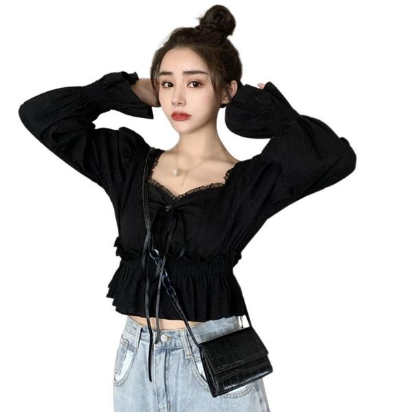 women's blouses & shirts square collar lace sweet expose navel long sleeve shirt, White
women's blouses & shirts square collar lace sweet expose navel long sleeve shirt, White