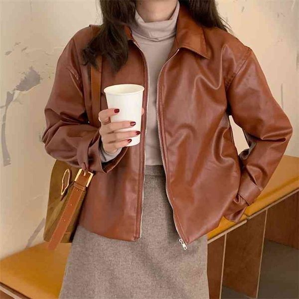 spring women vintage chic faux leather jacket brown pu jackets female elegant loose short zipper overcoat 210430, Black
spring women vintage chic faux leather jacket brown pu jackets female elegant loose short zipper overcoat 210430, Black