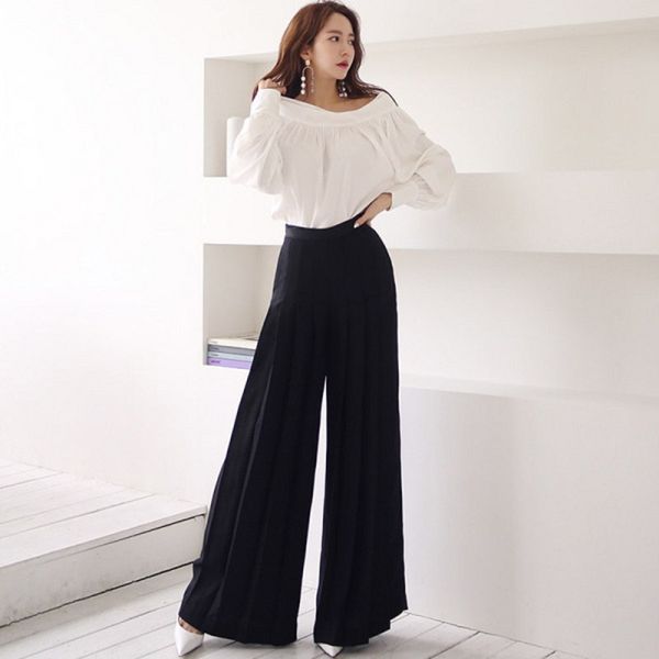 office lady 2 piece set spring slash neck lantern sleeve shirt + black draped wide leg pants suit business casual sets 210514, White
office lady 2 piece set spring slash neck lantern sleeve shirt + black draped wide leg pants suit business casual sets 210514, White