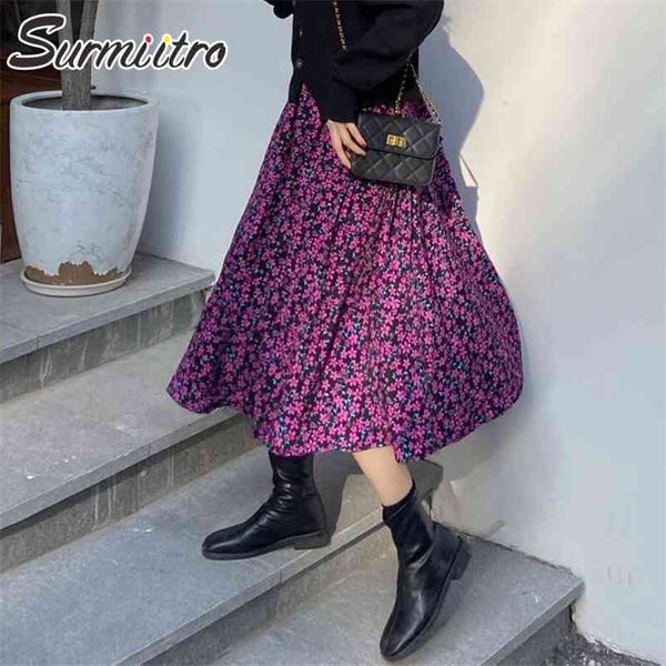 spring summer women korean style red blue floral print high waist school midi long skirt female with lining 210421, Black