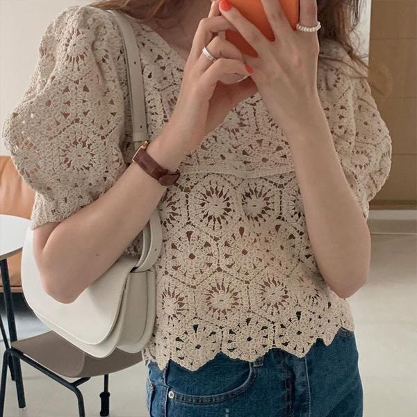 knitting hollow out flowers puff sleeve t-shirt woman's retro v-neck loose women fashion simple solid crop woman women's, White
knitting hollow out flowers puff sleeve t-shirt woman's retro v-neck loose women fashion simple solid crop woman women's, White