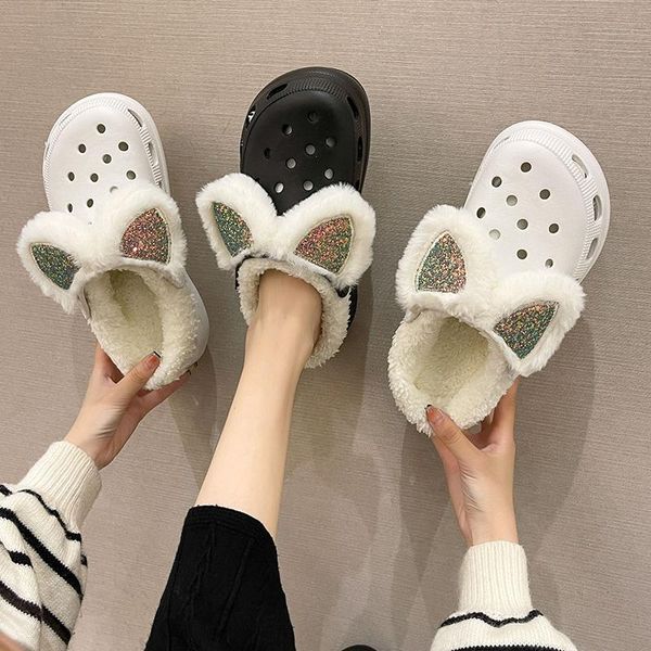 slippers 2021 winter women platform plush cartoon woman furry thick bottom slides heighten bow shoes female hole, Black
slippers 2021 winter women platform plush cartoon woman furry thick bottom slides heighten bow shoes female hole, Black