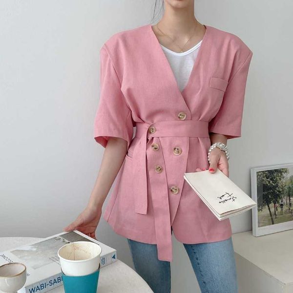 v neck short sleeve bandage coat women pink korean chic fashion temperament elegant all-match three button jackets summer 210610, Black;brown
v neck short sleeve bandage coat women pink korean chic fashion temperament elegant all-match three button jackets summer 210610, Black;brown