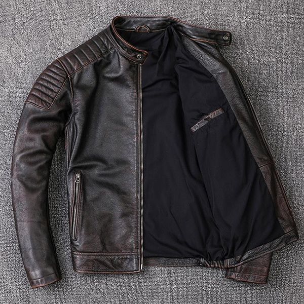men's leather & faux red brown vintage jacket natural calf skin jackets motorcycle coat man biker clothing slim m104, Black
men's leather & faux red brown vintage jacket natural calf skin jackets motorcycle coat man biker clothing slim m104, Black