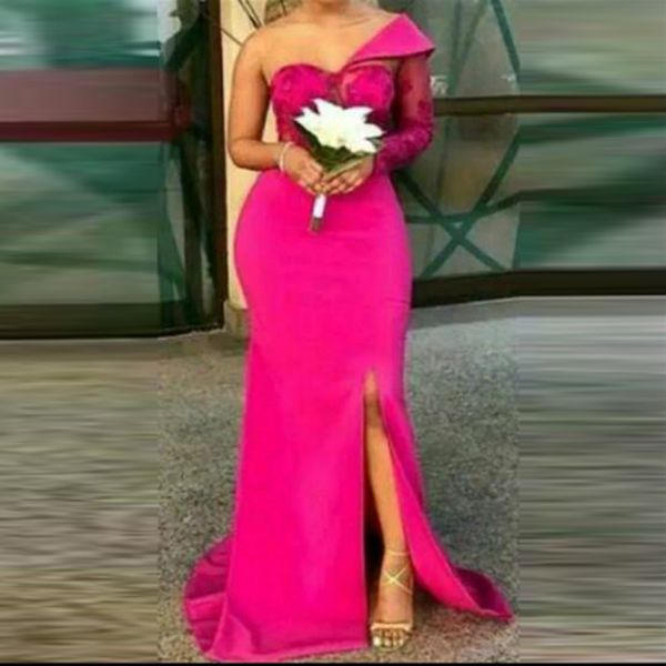 fuchsia mermaid bridesmaid dresses long one shoulder long sleeves lace wedding party dress side split maid of the honir gowns, White;pink 
fuchsia mermaid bridesmaid dresses long one shoulder long sleeves lace wedding party dress side split maid of the honir gowns, White;pink
