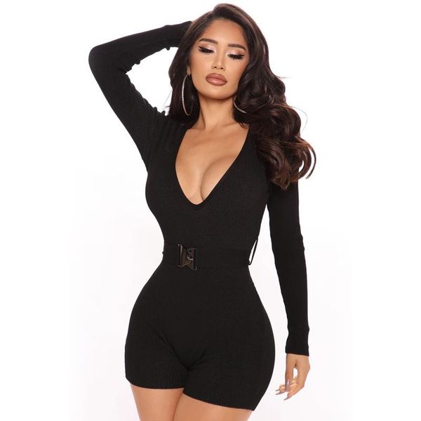 women's jumpsuits & rompers msxu2021 european and american autumn winter belt long sleeve deep v slim fit hip jumpsuit women, Black;white 
women's jumpsuits & rompers msxu2021 european and american autumn winter belt long sleeve deep v slim fit hip jumpsuit women, Black;white