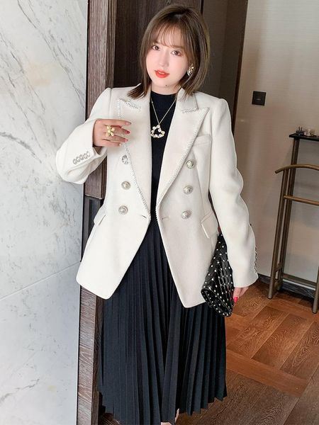 double breasted collar ol pure tweed coat for women in winter plus sizes large size women's two piece pants, White
double breasted collar ol pure tweed coat for women in winter plus sizes large size women's two piece pants, White
