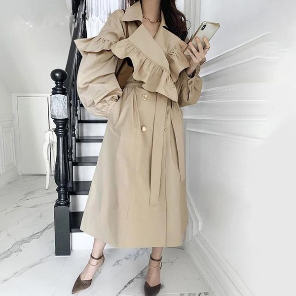 women's trench coats casual khaki coat for women lapel collar long sleeve frill trim solid loose female korean fashion 2021, Tan;black
women's trench coats casual khaki coat for women lapel collar long sleeve frill trim solid loose female korean fashion 2021, Tan;black
