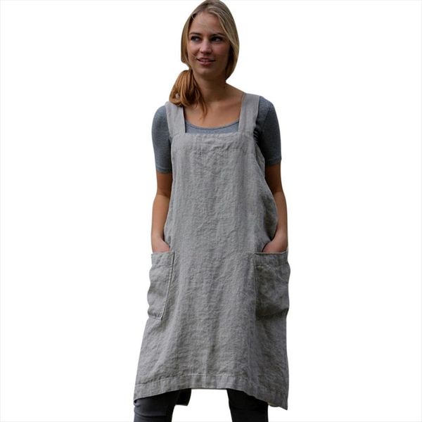 cotton linen pinafore square cross womens dresses apron garden work, Black;gray