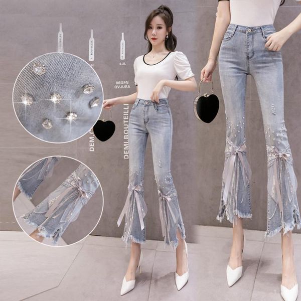 women s-2xl fashion beaded bow jeans waist fringed cropped flared pants light-colored women's, Blue
women s-2xl fashion beaded bow jeans waist fringed cropped flared pants light-colored women's, Blue