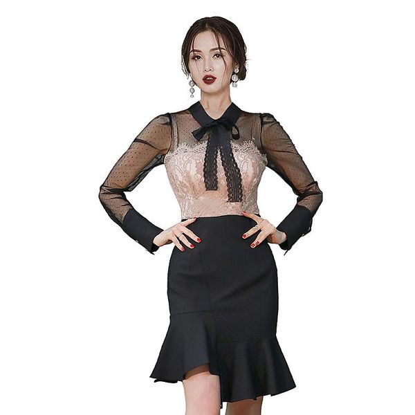 casual dresses black lace tight dress one piece korean ladies long sleeve bow neck office formal night club irregular party for women, Black;gray
casual dresses black lace tight dress one piece korean ladies long sleeve bow neck office formal night club irregular party for women, Black;gray
