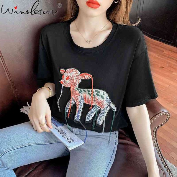women's t-shirt summer korean clothes loose cotton fashion embroidered deer tassels women short sleeve casual tees t15913a 0v, White
women's t-shirt summer korean clothes loose cotton fashion embroidered deer tassels women short sleeve casual tees t15913a 0v, White