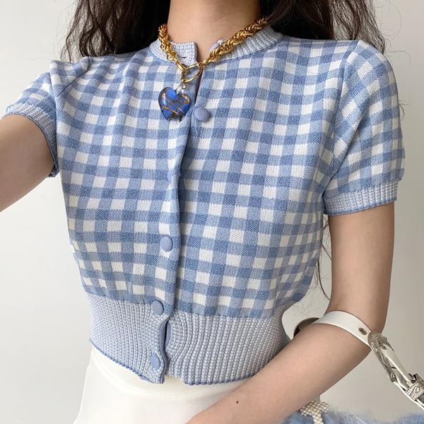 women's knits & tees women button through gingham knitted t-shirt with fitted trims in light blue, White
women's knits & tees women button through gingham knitted t-shirt with fitted trims in light blue, White