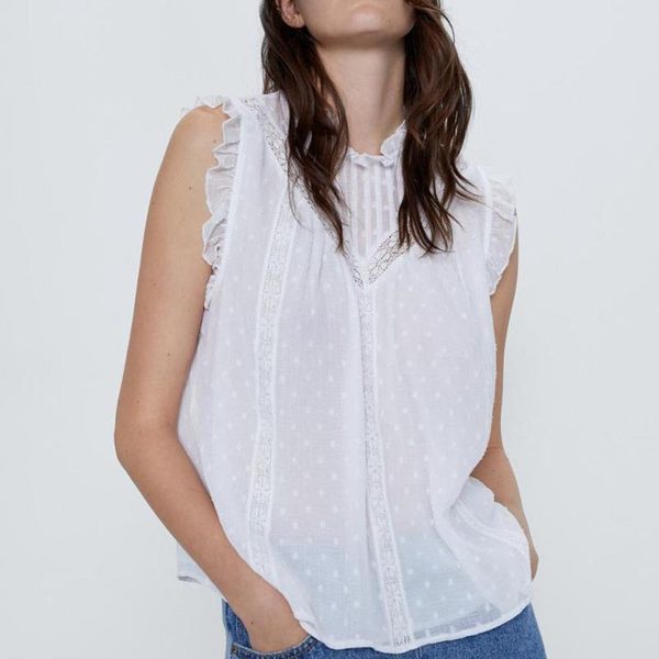 women's blouses & shirts dotted mesh blouse semi-sheer with a high neck and ruffled cap sleeves. featuring inner lining matching, White
women's blouses & shirts dotted mesh blouse semi-sheer with a high neck and ruffled cap sleeves. featuring inner lining matching, White