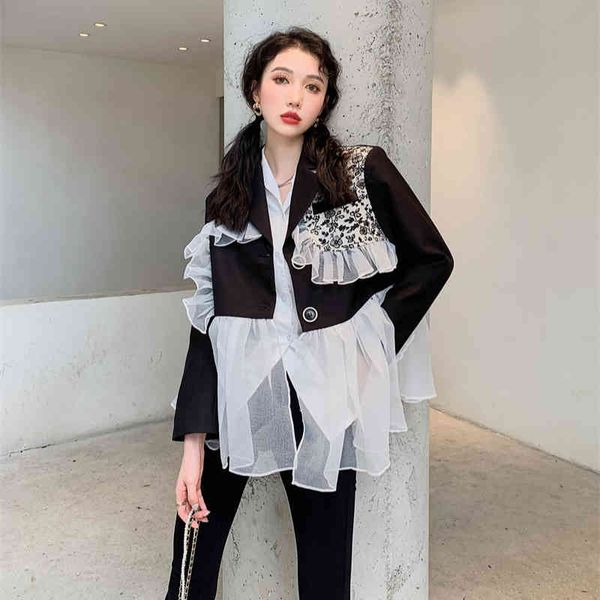 women's suits & blazers cheerart mesh patchwork designer blazer fall womens korean fashion ruffle black khaki autumn coats and jackets, White;black
women's suits & blazers cheerart mesh patchwork designer blazer fall womens korean fashion ruffle black khaki autumn coats and jackets, White;black