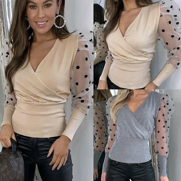 women v neck mesh slim waist shirts clothes polka long sheer sleeve female sweater pullover blouse shirt women's blouses &, White
women v neck mesh slim waist shirts clothes polka long sheer sleeve female sweater pullover blouse shirt women's blouses &, White
