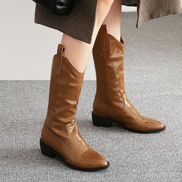 boots women patent leather slip on mid calf fashion pointed toe western comfort thick heel autumn winter short lady, Black
boots women patent leather slip on mid calf fashion pointed toe western comfort thick heel autumn winter short lady, Black