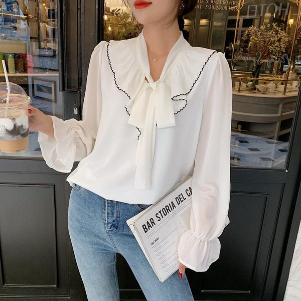 women's blouses & shirts 2021 korean autumn v-neck long sleeve pure soild chiffon tie shirt loose color blouse, White
women's blouses & shirts 2021 korean autumn v-neck long sleeve pure soild chiffon tie shirt loose color blouse, White