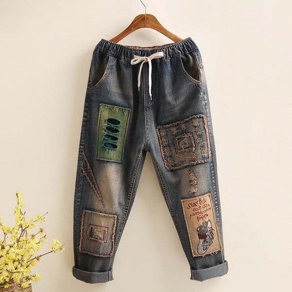 women's jeans art style patchwork embroidery loose vintage women hole design elastic waist all cotton denim ladies harem pants d10, Blue
women's jeans art style patchwork embroidery loose vintage women hole design elastic waist all cotton denim ladies harem pants d10, Blue