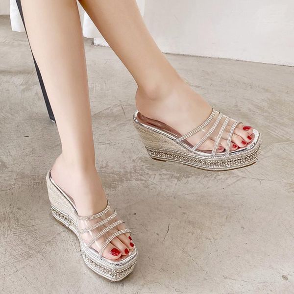 women's shoes summer fashion slope with transparent sandals super high heel thick bottom exquisite rhinestone slippers, Black
women's shoes summer fashion slope with transparent sandals super high heel thick bottom exquisite rhinestone slippers, Black