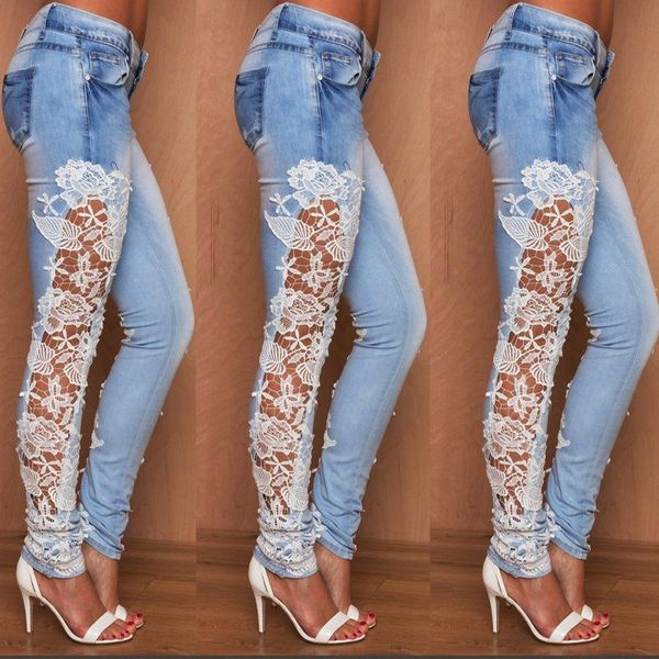 women jeans fashion stretch lace floral side spliced denim trousers ladies hollow out slim pencil femme pantalon women's, Blue
women jeans fashion stretch lace floral side spliced denim trousers ladies hollow out slim pencil femme pantalon women's, Blue