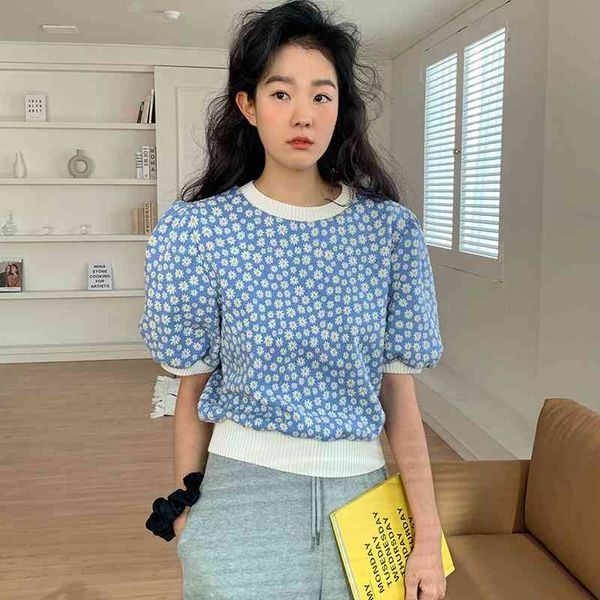 o neck pullover puff short sleeve knit sweater women vintage print loose pull femme spring summer outwear sueter 210429, Black
o neck pullover puff short sleeve knit sweater women vintage print loose pull femme spring summer outwear sueter 210429, Black