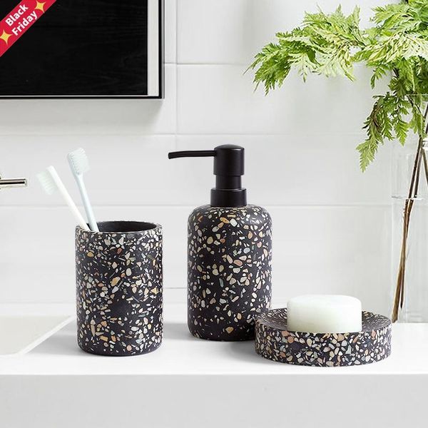 resin black terrazzo bathroom accessories set toothbrush holder soap dispenser pump bottletoothpaste dish bath accessory
resin black terrazzo bathroom accessories set toothbrush holder soap dispenser pump bottletoothpaste dish bath accessory