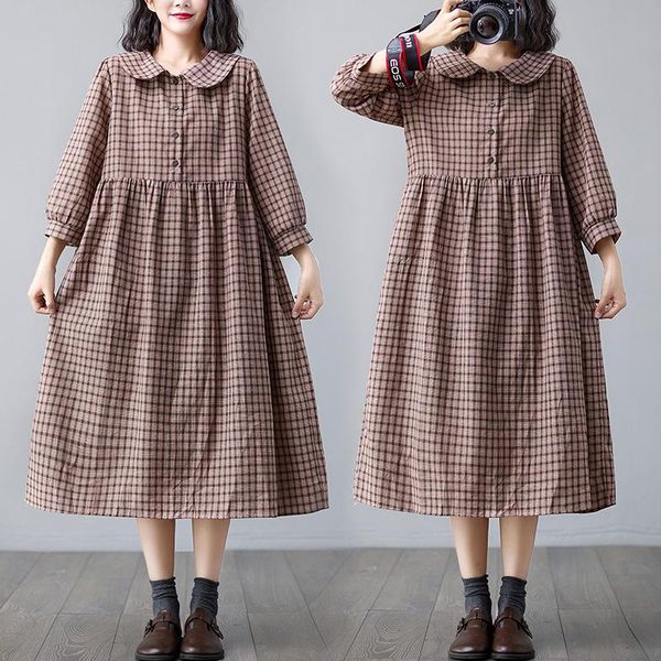 casual dresses forest mori girl vintage style oversized cotton linen british plaid spring autumn dress women sweet peterpan collar midi, Black;gray
casual dresses forest mori girl vintage style oversized cotton linen british plaid spring autumn dress women sweet peterpan collar midi, Black;gray