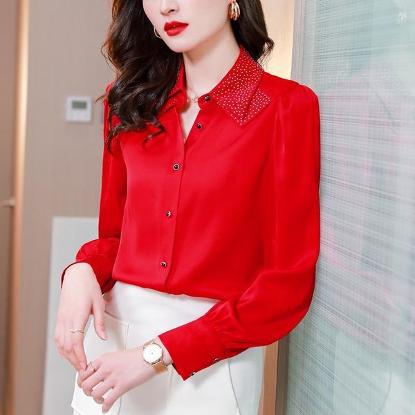 women's blouses & shirts red heavy weight satin shirt 2021 spring loose iron and drill silk top, White
women's blouses & shirts red heavy weight satin shirt 2021 spring loose iron and drill silk top, White