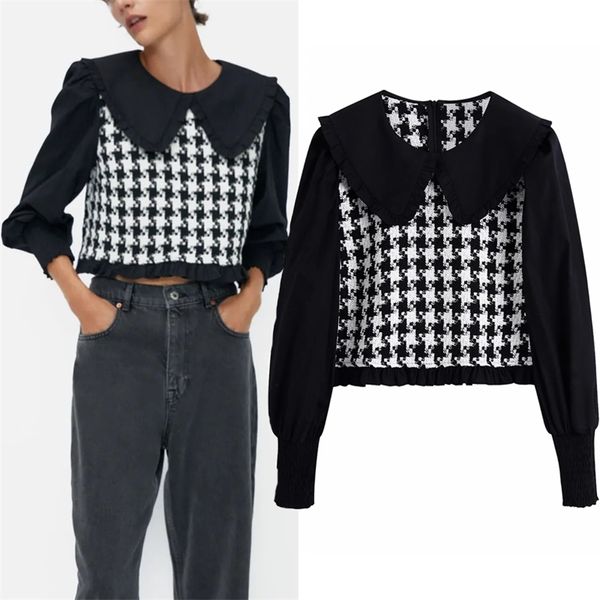 black houndstooth plaid crop women peter pan collar long puff sleeve patchwork ruffle blouse vintage ladies 210519, White
black houndstooth plaid crop women peter pan collar long puff sleeve patchwork ruffle blouse vintage ladies 210519, White