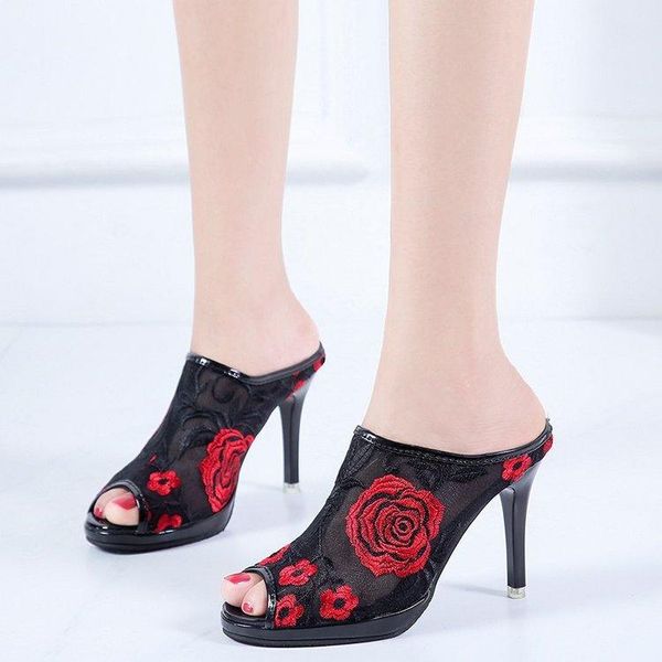 sandals and slippers women 2021 summer fashion lace fish mouth shoes net red embroidery high heel, Black 
sandals and slippers women 2021 summer fashion lace fish mouth shoes net red embroidery high heel, Black