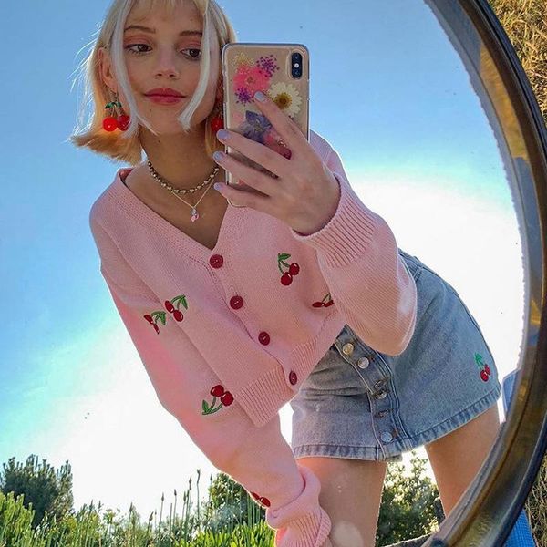 women's knits & tees fashion cardigan short women clothing v-neck cute and sweet cherry loose crop sweater 2021, White
women's knits & tees fashion cardigan short women clothing v-neck cute and sweet cherry loose crop sweater 2021, White