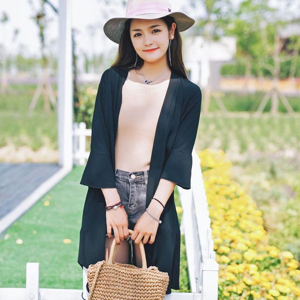 women's swimwear 2021 chiffon summer sun protection clothing women plus size holiday style trumpet sleeves mid-length crumpled cardigan, White;black
women's swimwear 2021 chiffon summer sun protection clothing women plus size holiday style trumpet sleeves mid-length crumpled cardigan, White;black