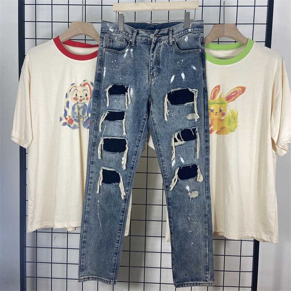 men's jeans ins damaged dilapidated slim fit men's jeans splash jeans trendy casual pants, Blue