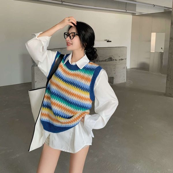 contrast striped sweater vest women's autumn winter loose waistcoat with vest leisure sleeveless, White
contrast striped sweater vest women's autumn winter loose waistcoat with vest leisure sleeveless, White