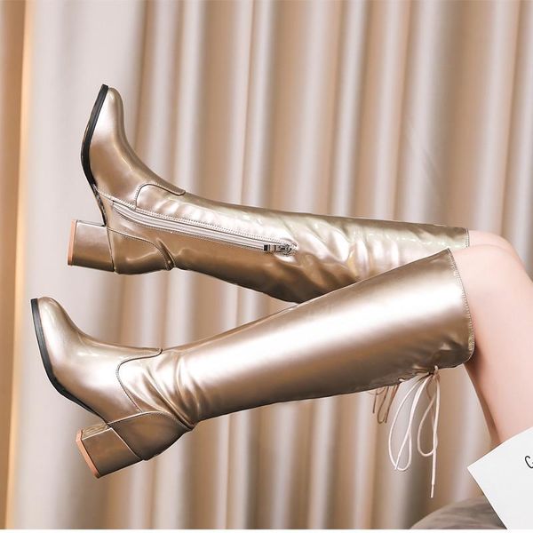 winter women's boots gold silver fashion patent leather knee high luxury square heels long shoes lady large size 45, Black
winter women's boots gold silver fashion patent leather knee high luxury square heels long shoes lady large size 45, Black