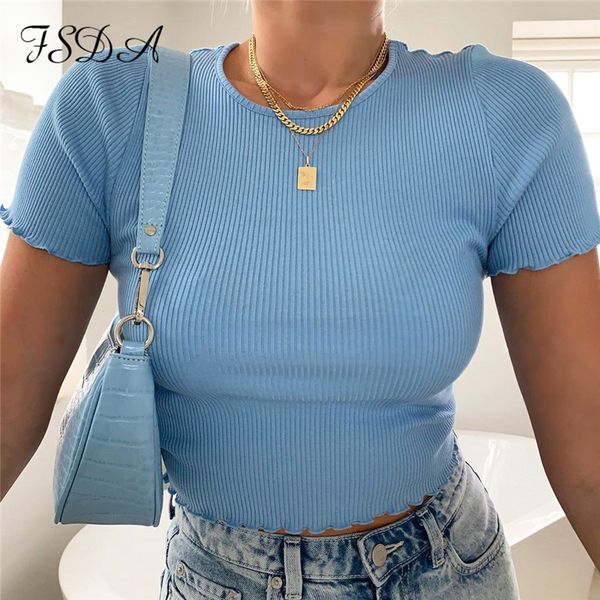 2021 summer o neck short sleeve crop women blue ruffles ribber casual shirt basic t shirts ladies clothes, Black;white
2021 summer o neck short sleeve crop women blue ruffles ribber casual shirt basic t shirts ladies clothes, Black;white