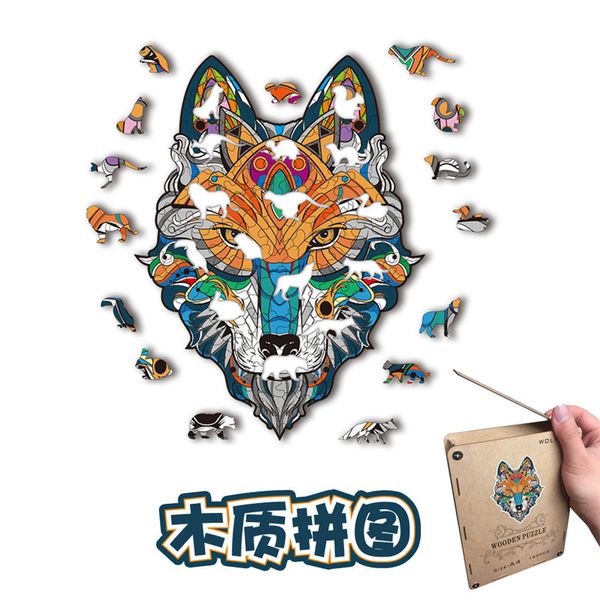 wooden puzzle of wolf head irregular animal