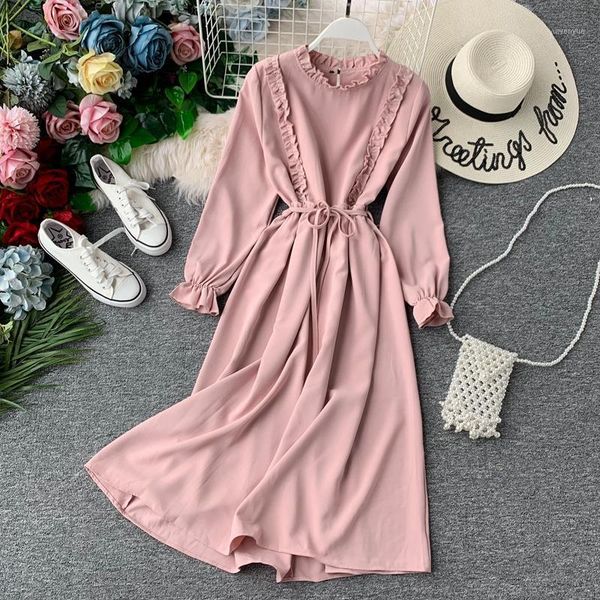 casual dresses women sweet solid party slim midi autumn pink black ruffles stand collar long sleeve a line dress vestidos, Black;gray
casual dresses women sweet solid party slim midi autumn pink black ruffles stand collar long sleeve a line dress vestidos, Black;gray