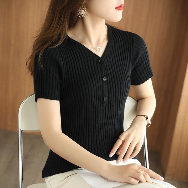 women's t-shirt 2021 spring and summer short-sleeved pit stripe thin v-neck 100 cotton knit, White
women's t-shirt 2021 spring and summer short-sleeved pit stripe thin v-neck 100 cotton knit, White