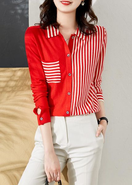 women's knits & tees office lady striped knitting shirt retro collar single-breasted cardigan spring long sleeve black red sweater, White
women's knits & tees office lady striped knitting shirt retro collar single-breasted cardigan spring long sleeve black red sweater, White