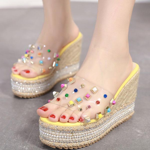 female shoes ladies' slippers rivet glitter slides rubber flip flops multicolored sandals string bead on a wedge platform women, Black
female shoes ladies' slippers rivet glitter slides rubber flip flops multicolored sandals string bead on a wedge platform women, Black