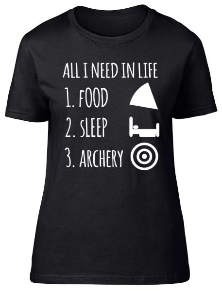 all i need in life is food sleep and archery womens ladies fitted t-shirt, White;black
all i need in life is food sleep and archery womens ladies fitted t-shirt, White;black