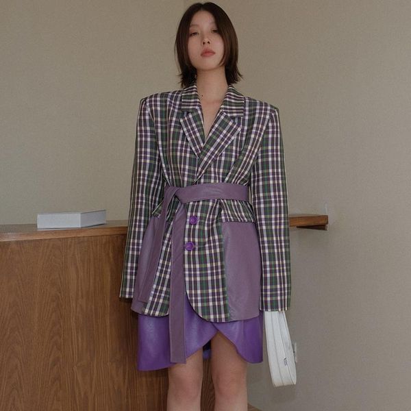 women's suits & blazers fashion plaid hit color design blazer female chic korean version leather stitching outerwear with belt f1395, White;black
women's suits & blazers fashion plaid hit color design blazer female chic korean version leather stitching outerwear with belt f1395, White;black